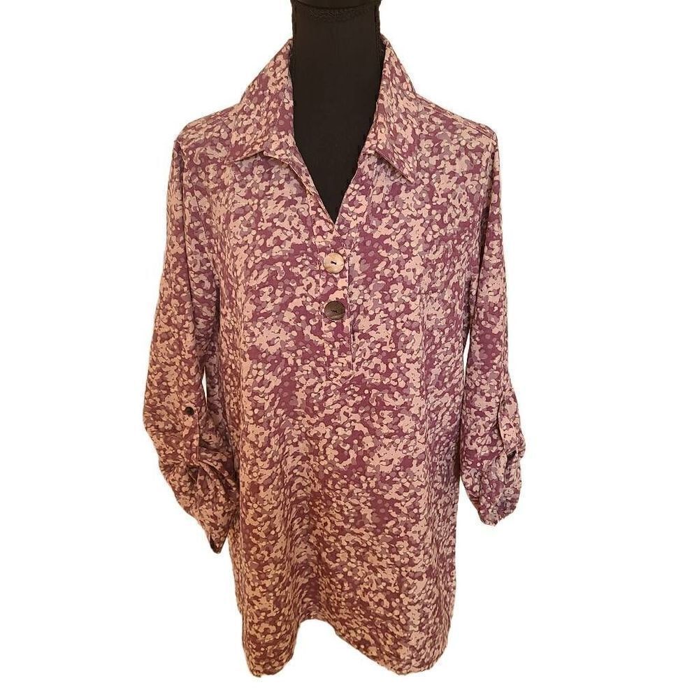 Lior Paris Womens Blouse Abstract Button Front Top Rolled Sleeve Mauve Medium